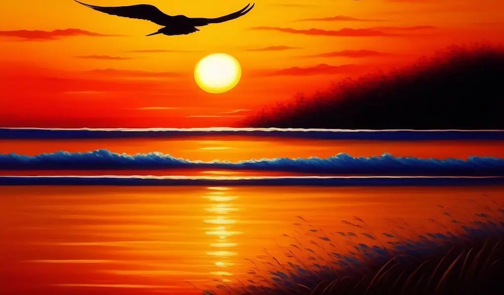 A single duck soars alongside the setting sun